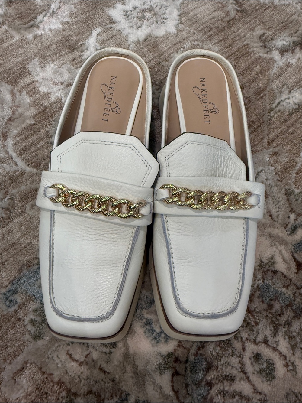 Naked Feet White Leather Chain-Trim Slide Mules